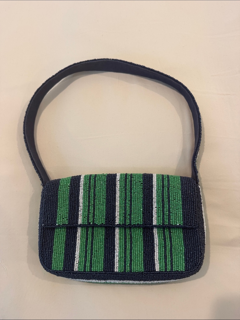 Anthropologie Beaded Navy & Green Stripe Shoulder Bag